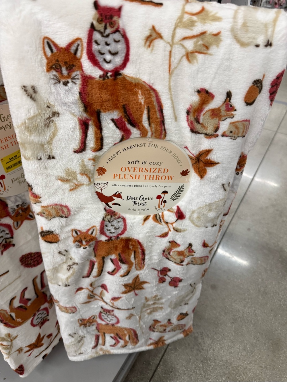 Oversized Plush Throw Blanket in White with Fox & Owl Forest Print